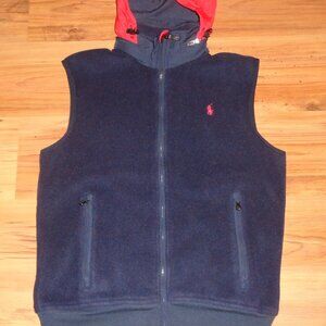 Polo Ralph Lauren Vtg 90s Blue Red Polartec Fleece Full Zip Vest Jacket Hooded